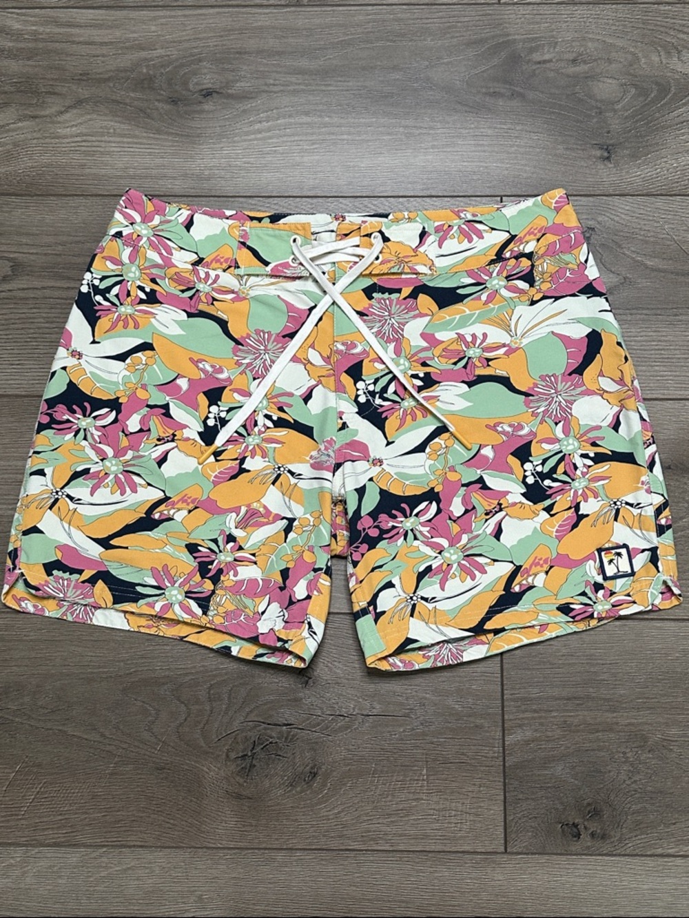 Marine Layer 7" Vintage Floral Print Coronado Beach Board Shorts Orange Green 33